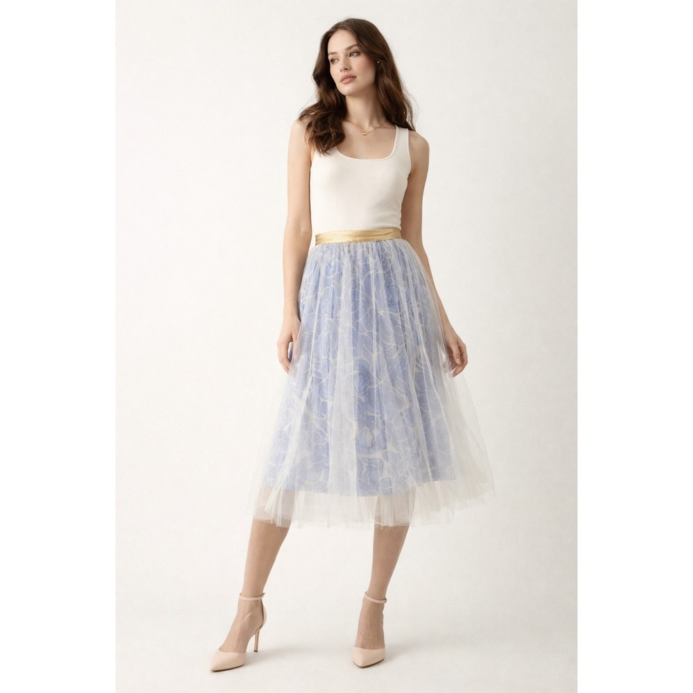 Anthropologie Silk Skirt Blue Floral Gold Waist 4 Fairy Elevenses Tulle Overlay